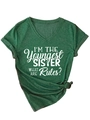Detail of dark green V-neck T-shirt with white Youngest Sister text and rolled sleeves - Vintage Green (White Font)