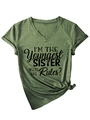 Detail of army green V-neck T-shirt with Youngest Sister text and side knot detail - Olive Green (Black Font)