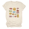 Detail of multi-language teacher print on a cream-colored crew neck cotton t-shirt - S / Tops / Sand