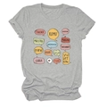 Flat lay of a grey crew neck t-shirt with colorful multilingual teacher print design - S / Tops / Light Gray