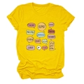 Detail of ginger yellow teacher-themed t-shirt with multi-language graphic print - S / Tops / Yellow