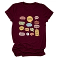 Detail of burgundy Teacher T-shirt featuring multilingual speech bubbles on cotton fabric - S / Tops / Burgundy