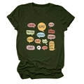Detail of dark green t-shirt with colorful multilingual teacher quotes on soft fabric - S / Tops / Army Green