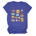Close-up of blue cotton t-shirt featuring colorful multilingual teacher text graphics - S / Tops / Vintage Blue