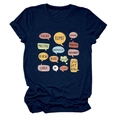 Close-up of navy blue cotton T-shirt featuring multi-language teacher typography design - S / Tops / Navy Blue