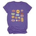 Detail of soft heather purple fabric and multilingual teacher word bubble print - S / Tops / Purple