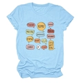 Close-up of light blue cotton T-shirt featuring colorful multilingual teacher text graphics - S / Tops / Light Blue