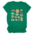 Macro detail of breathable cotton teacher t-shirt with multi-language graphic print - S / Tops / Dark Green
