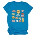 Detail shot of bright blue teacher T-shirt with multilingual speech bubble prints - S / Tops / Lake Blue