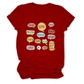 Detail of red cotton T-shirt featuring multi-language teacher speech bubbles print - S / Tops / Red