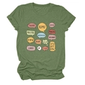 Detail of green heather t-shirt featuring teacher translations in colorful bubbles - S / Tops / Olive Green