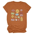 Detail of rust red teacher t-shirt showing multilingual prints and cuffed sleeves - S / Tops / Burnt Orange