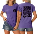Front and back detail of a purple short-sleeve T-shirt featuring skull logo and wavy text - S / Purple (Black Graphic)