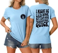 Front and back view of light blue t-shirt featuring vintage wavy text and circular logo - S / Light Blue (Black Graphic)