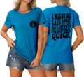 Front and back view of blue crewneck T-shirt with skull graphic and back text print - S / Lake Blue (Black Graphic)