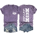 Vues avant et arrière du t-shirt violet col V avec imprimé Senior MOM 2026 blanc - Violet (Police Blanche)