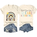 Detailed front and back view of V-neck cotton T-shirt with rainbow sun printed graphics - S / Sand(Black Graphic)