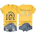 Front and back detail of yellow V-neck T-shirt with rainbow print and denim shorts - S / Yellow(Black Graphic)