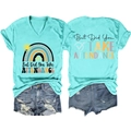 Detailed front and back view of mint V-neck teacher T-shirt with rainbow print graphics - S / Deep Water Blue (Black Graphics)