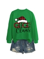 Dettaglio della stampa natalizia Gigi Claus su felpa verde brillante e pantaloncini - S / Felpa Verde Erba (Grafica Nera)