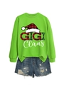 Λεπτομέρεια του γραφικού Gigi Claus σε φωτεινό πράσινο φούτερ με καρό χριστουγεννιάτικο καπέλο - Φωσφοριζέ Πράσινο Φούτερ (Λευκό Γραφικό)