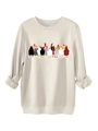 Detail van de ronde hals en kleurrijke haan-art prints op een beige sweatshirt - S / Zandkleur