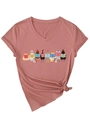 Détail du t-shirt corail col V avec poussins mignons lisant et nœud élégant sur le côté - Rose Corail