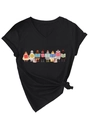 Détail du t-shirt à col en V avec poulets lisant des livres et nœud élégant sur l'ourlet - Noir