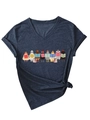 Détail d'un t-shirt bleu marine col V avec huit poules lisant des livres colorés - Bleu Marine