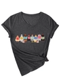 Détail d'un t-shirt à col en V montrant des poulets lisant des livres et des revers de manches - Gris Chiné Noir