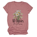 Detail of dusty pink T-shirt featuring 'All Oopsies, No Daisies' text and daisy print - Rose Gold (Black Text)