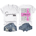 Detail of Class of Senior 2026 print on V-neck white T-shirt with frayed denim shorts - S / White(3812)-Black Print
