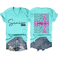 Front and back view of a mint green V-neck Class of Senior 2026 graduation t-shirt - S / Deep Aqua(3812)-Black Print