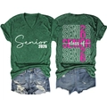 Front and back view of V-neck Class of Senior 2026 T-shirt with denim shorts set - S / Retro Green(3812)-White Print