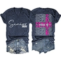 Detail of Class of Senior 2026 navy V-neck T-shirt and distressed denim shorts - S / Navy Blue(3812)-White Print