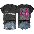 Casual Class of Senior 2026 dark grey V-neck T-shirt and denim shorts set for women - S / Heather Grey(3812)-White Print