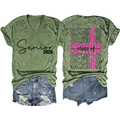 Detail of V-neck Senior 2026 olive green T-shirt and vintage denim shorts with back print - S / Olive Green(3812)-Black Print