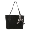 Minimalist black tote bag with long strap and black and white fashion silk scarf detail - Black