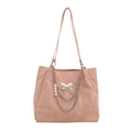 Pale pink shoulder tote bag with silver butterfly charm and pearl chain detail - Pink