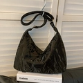 Large black hobo shoulder bag with pleated texture and adjustable strap in crescent shape - Black