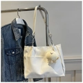 White faux leather shoulder bag with gold chain strap and cute plush octopus charm - With Plush Charm / White