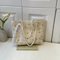 Sac fourre-tout en paille brodé de fleurs avec ruban en dentelle pour la plage - Style Tissé à Chevrons / Style 2 Blanc Cassé