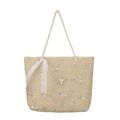 Sac cabas en paille avec broderie florale et ruban en dentelle blanche sur fond blanc - Style Broderie Florale / Kaki