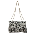 Bolso de hombro de lona con estampado de leopardo y cadena dorada con solapa - Blanco
