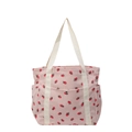 Borsa tote in velluto a coste rosa con stampe fragole, manici in tela e tasche laterali - Rosa