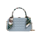 Light blue plaid quilted box handbag with silk scarf wrapped handle and gold chain - Blue