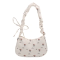 Borsa a spalla color crema a fiori con tracolla plissettata e scritta Beautiful - Bianco