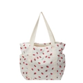 Borsa tote bianca in velluto a coste con stampa di fragole e manici color crema su sfondo - Bianco Sporco