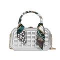 Silver quilted metal evening clutch with silk scarf handle and golden chain strap - Silver