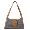 Bolso retro azul tejido con ribete de cuero marrón y elegante diseño de hebilla cuadrada - Caqui